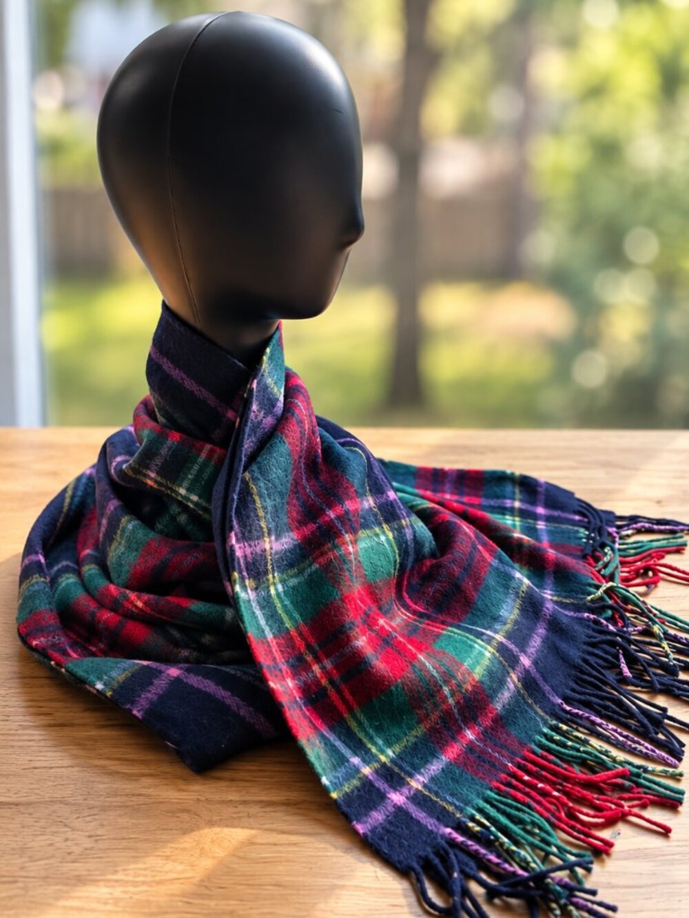 Talbots NWT 100% Cashmere Navy Blue Red Plaid Scarf Fringe 18x70 - Picture 2 of 6